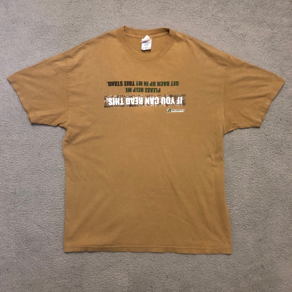 Vtg Academy Sports Hunting Tree Stand Funny Graphic T Shirt Brown XL Deer